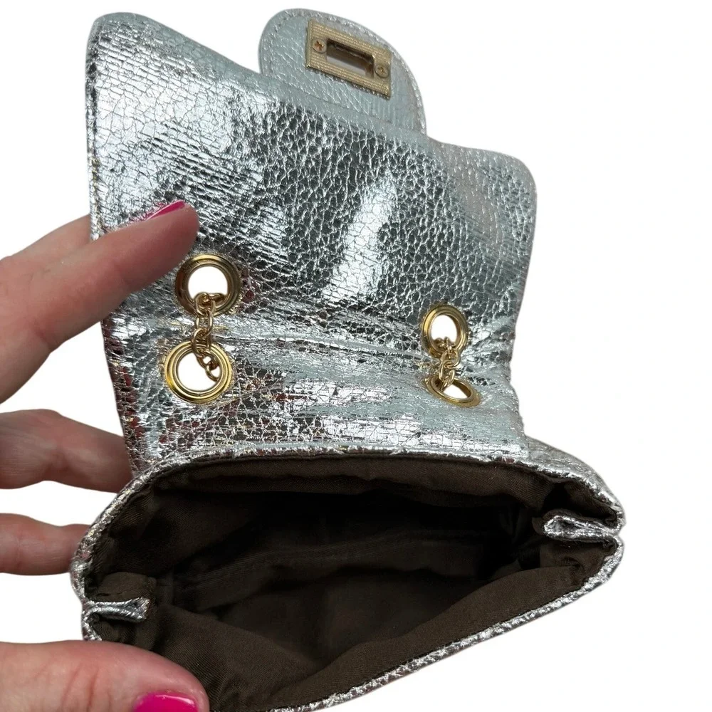 Girls Silver Metallic Quilted Mini Flap Crossbody Bag Gold Chain Strap